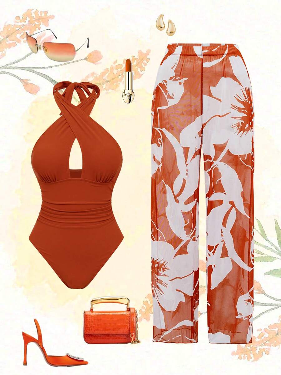 Swim Oasis New Arrival Solid Color Hollow Cross Halter One-Piece Swimsuit With Printed Cover-Up Skirt Beach Set For Women - Orange - View 1