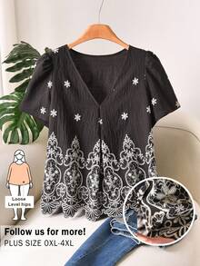 CosyJoli Damen Große Größen Bluse mit floraler Stickerei, kurze Petal-Ärmel, Casual Shirt, besticktes Oberteil für Damen, süße Blusen für Damen, Boho-Tops für Damen, Damen Blusen und Tops, süße Tops Damen Sommer - Schwarz - Übersicht 3