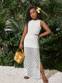 Tween Girl Vacation Knit Crochet Vest & Slit Skirt Set, Suitable For Music Festival, Boho Style - White - View 4