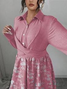 SHEIN Elenzya 大码女式法式休闲优雅刺绣花卉印花长袖连衣裙，秋冬款 - 藕粉色 - 查看 5