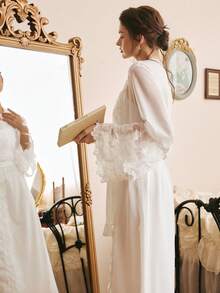 Côtesoire 法式优雅蕾丝拼接休闲宽松女士睡衣套装，浪漫婚礼睡衣，南法少女风 - 白色 - 查看 2