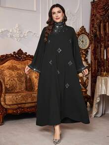 Al Najma 大码女士优雅奢华纯色长袖闪亮水钻装饰时尚土耳其长裙 - 黑色 - 查看 4