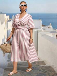 Breezaya Zanzea Plus Size Women's Vertical Striped Dress,Cotton Linen Holiday Beach Vacation Outfits,Summer Tropical Tea Party Casual Pastel Pink Spring Dress - Pink - View 5