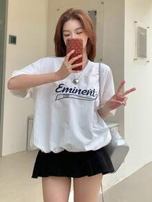 DAZY Women's V-Neck Letter Embroidered Casual Short Sleeve T-Shirt Summer - White - View 5