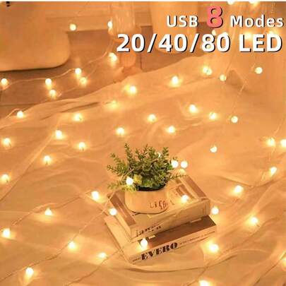 1串 3/6/10米 20/40/80颗LED球形灯串，USB供电，适用于卧室、客厅、派对、婚礼和家庭节日派对用品及装饰