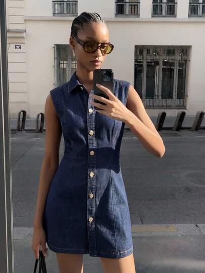 Maija Women's Sleeveless Solid Color Casual Front Button Denim Dress