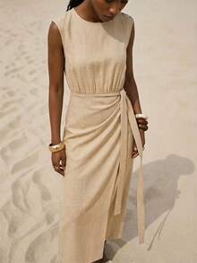 Zivah 春夏新款音乐节、复活节、圣帕特里克节、情人节、约会、西部风、游牧风、生日派对、毕业典礼、学院风、学生装、日常穿着、百搭基础款、休闲装、度假、邮轮旅行、海滩、日光浴、爆款、街头风、婚礼宾客、通勤、早午餐、机场、派对、假日郊游、办公室穿着 无袖圆领系腰木纽扣装饰长款裹身亚麻棕色连衣裙 - 棕色 - 查看 5