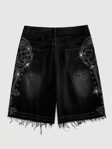 ROMWE MEN Quần short denim nam thêu hoa điều - màu đen - Xem 2