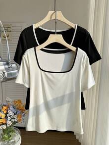 Comfortcana 2pcs/Set Women Square Neck Short Sleeve Casual Fitted Contrast Color Sexy T-Shirt, Suitable For Summer - Black and White - View 1
