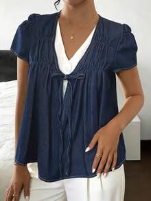 Siren Gaze 女士休闲系带短袖牛仔衬衫 - 深色水洗藍 - 查看 4