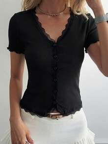 Livesso Black Lace Trim Fitted Cardigan, Suitable For Spring/Summer Vacation Outfits - Black - View 3