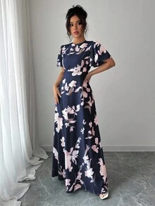 Elenzga Đầm nữ cổ tròn tay bèo nhún, eo thắt eo, in họa tiết kỹ thuật số thanh lịch, lãng mạn - Nhiều màu - Xem 3