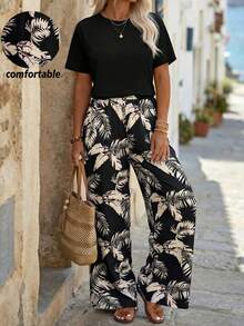 Breezaya 女士加大码印花梭织面料圆领短袖宽松直筒衬衫搭配长裤，舒适百搭，适合度假、优雅、职业或休闲场合。 - 彩色 - 查看 5