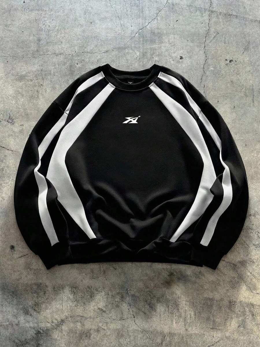 AXEPEAK Sudadera holgada casual para hombre, estampado gráfico en color marrón con parches y contraste, adecuada para primavera y otoño - Blanco y Negro - Ver 1