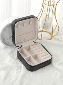 1PC Black Minimalist PU Leather Portable Jewelry Box For Women Rings Necklace Earrings Bracelet Travel Storage Organizer - A - View 1