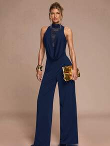 SHEIN BAE Women's Elegant Commuter Lace Patchwork Sleeveless Jumpsuit - Navy Blue - View 3