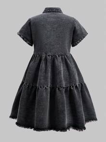 少女短袖牛仔连衣裙，休闲舒适纽扣装饰蝴蝶结牛仔连衣裙，时尚街头风百搭轻盈面料，春夏新款 - 灰色 - 查看 2