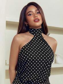 Criza Taa Vestido de fiesta elegante de mujer con estampado de lunares y espalda descubierta - Negro - Ver 4