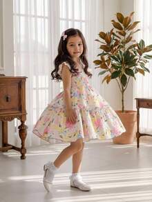 Elladie kids 少女彩色碎花修身中长连衣裙，适合墨西哥儿童节和夏季换季穿着。 - 彩色 - 查看 9