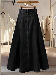 EMERY ROSE Plus Size Women's Spring/Summer Pocketed Button Casual Versatile Date/Travel Washed Denim Skirt - Black - View 2