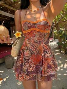 Sunnyshic Women's Summer Casual Vacation Fashion Versatile Daily Wear Bohemian Paisley Print Double-Layer Irregular Hem Contrast Ruffle Splice Spaghetti Strap Bow Tie Strap Short Dress - Multicolor - View 3