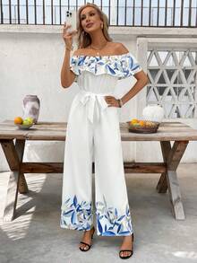 SHEIN Clasi Bộ jumpsuit nữ kiểu dáng thường ngày, in hoa, trễ vai, thích hợp cho kỳ nghỉ. - Màu be - Xem 4