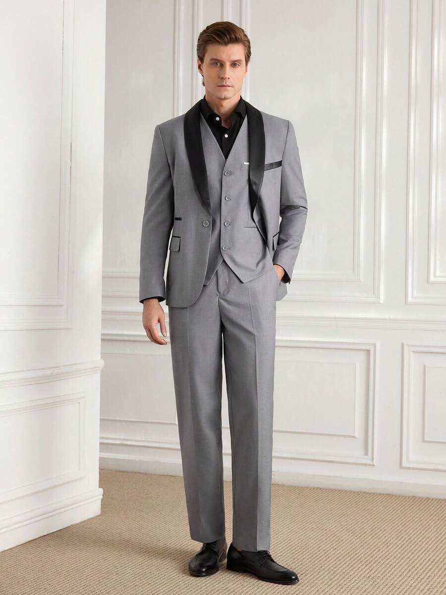 Officeau Set de 3 piezas de traje formal de negocios de hombre, compuesto por chaqueta, chaleco y pantalones, en unicolor y corte slim fit, para vestimenta formal de trabajo - Gris Claro - Ver 1