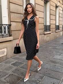 SHEIN PariChic 这款女士时尚波点无袖连衣裙，采用撞色蕾丝领和白色蝴蝶结领设计，经典黑白波点面料，适合日常出行、约会或打造复古造型。产品特点包括：复古波点连衣裙、优雅蕾丝领无袖连衣裙、收腰A字连衣裙、时尚名媛无袖连衣裙、甜美波点及膝连衣裙。 - 黑與白 - 查看 4