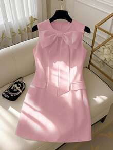 GlowEve CURVE 大码梭织修身常规连衣裙，蝴蝶结装饰，女士连衣裙，正式礼服，高品质连衣裙，流行连衣裙 - 粉色 - 查看 1