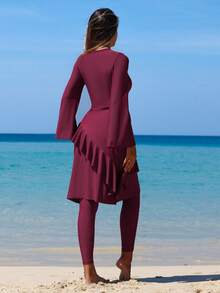 Swim Mulvari Women's New Burgundy Burkini Two Pieces Swimwear, Top Fashionable Maxi Dress Paired With Slim Fit Bottoms, Modest Beach Party Swimwear Set - Burgundy - View 2