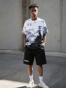 Vacaura 2 pièces Ensemble de t-shirt à manches courtes avec imprimé montagne aquarelle dégradé tie-dye gris, blanc et noir et short noir pour garçons adolescents, adapté pour le port décontracté d'été en extérieur - Noir - Voir 6