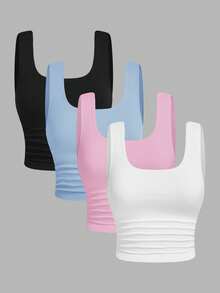 SHEIN EZwear 4件套彩色休闲加大码露脐背心 - 彩色 - 查看 1