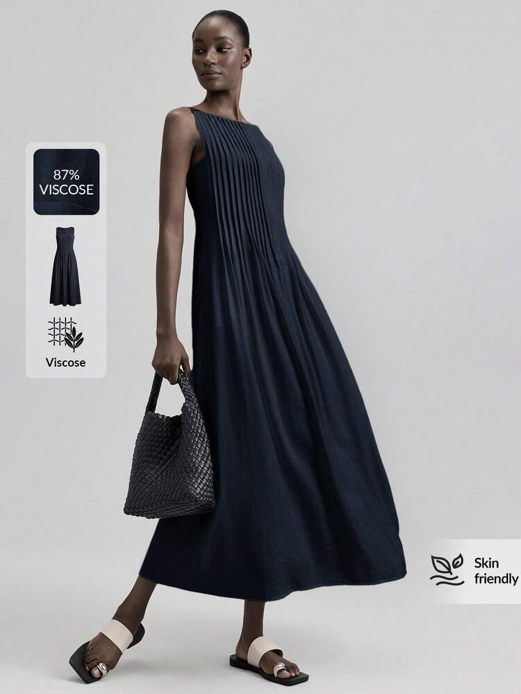 2026 Spring/Summer New Women's Navy Blue Striped Full Skirt Dress With Black Webbing Shoulder Straps, Long Dress For Urban Commute, Business Casual, Beach Vacation, Elegant Dress For Music Festivals, Valentine's Day, Summer Dress, Women's Holiday Outfits, Beach Outfits, Holiday Outfits, Women's Office Outfits.