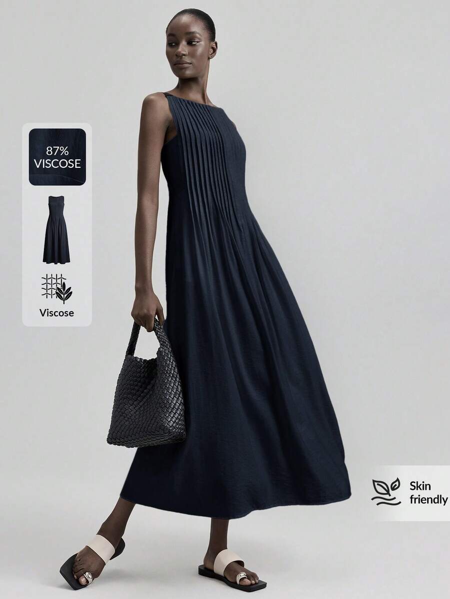 Ontre 2026春夏新款女式海军蓝条纹长裙，黑色织带肩带，适合都市通勤、商务休闲、海滩度假、音乐节、情人节、夏季、女士假日装扮、海滩装扮、节日装扮、女士办公室装扮等场合。 - 藏蓝色 - 查看 1