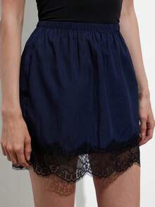 Aveloria Modichic Women Satin Textured Navy Blue A-Line Skirt,Autumn Elegant Date Night Eyelash Lace Patchwork Hem Retro Wedding Guest Dress For Women - Navy Blue - View 1