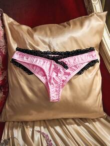 Pink Satin Pique Lace Patchwork Ruffle Trim Criss-Cross Retro Romantic Women's Panties - Pink - View 7