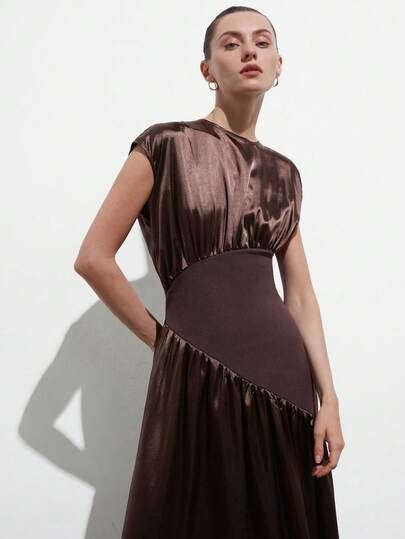 Aveloria Modichic Women Satin Knit Patchwork Long Dress Waist Cinched Diagonally Spliced Ruched Sleeve Crew Neck Elegant Retro Brown Dress Elegant Dresses For Women Wedding Guest Dress