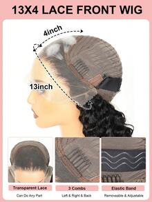 Peruca de cabelo humano com ondas profundas e frente de renda 13x4, com renda transparente, peruca encaracolada de cabelo humano com densidade de 180%, peruca de cabelo humano pré-arrancada com cabelo de bebê, na cor preto natural - Natural Black - Visão 7
