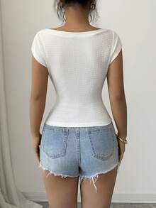 Elenzga Textured Fabric One-Shoulder T-Shirt, Versatile Summer Design - Apricot - View 2