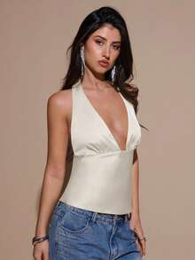 SHEIN BAE Áo hai dây cổ chữ V hở lưng màu vàng satin, áo dự tiệc cocktail, áo kiểu dự tiệc trang trọng, áo satin gợi cảm dành cho nữ, thích hợp cho Giáng sinh, tiệc cocktail, trang phục công sở thường ngày, áo khoác ngoài. - Màu be - Xem 4