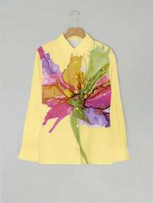 EMERY ROSE Spring Casual Floral Print Long Sleeve Shirt - Light Yellow - View 3