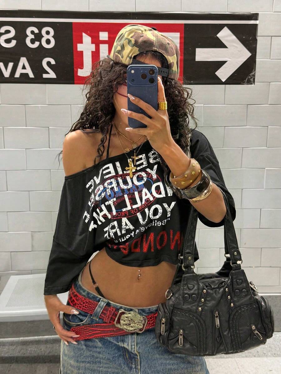 StreetHx Women's Fashionable Black And Red Letter Print Asymmetric Shoulder Short T-Shirt Night Out Summer Grunge Y2k - Black - View 1