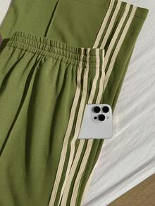 SHEIN Comfortcana 舒适加大码绿色条纹针织运动裤，带抽绳，适合休闲穿着 - 綠色 - 查看 5