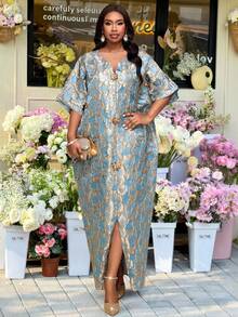 SHEIN CURVE+ Đầm dài tay thanh lịch, in họa tiết cổ điển, tối giản, kiểu dáng truyền thống, thích hợp mặc vào mùa xuân và mùa hè. Đầm dài tay trang nhã, cỡ lớn, thiết kế cổ tròn, thích hợp mặc vào mùa xuân. - màu đen - Xem 5