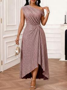 SHEIN Lady 女士优雅派对不对称亮片连衣裙 - 橘色 - 查看 1