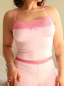 Lupita Cardoza 女士 2 件套蕾丝吊带背心和喇叭裤，女孩休闲装粉色喇叭裤套装蕾丝边两件套 - 粉色 - 查看 3