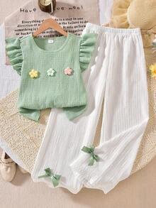 Tween Girl Green And White 2 Piece Set,Summer Cute 3D Flower Ruffle Sleeve Top And Wide Leg Pants,Tropical Vacation Holiday Daily Outfit For Kids - Green - View 4