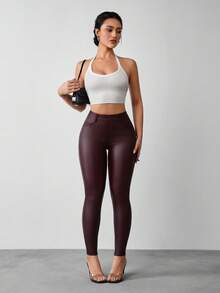 Jeanoix Women's Wine Red Coated Casual Elastic Fitted All-Match Leggings - Burgundy - View 5