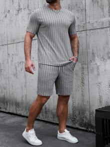 Manfinity Homme 男士圓領短袖T恤抽繩腰短褲休閒套裝，度假風 - 灰色 - 查看 8