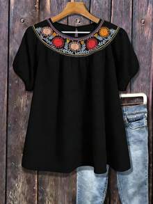 Linhara Blusa holgada de manga dolman con bordado floral casual de color albaricoque para mujer de talla grande - Negro - Ver 1